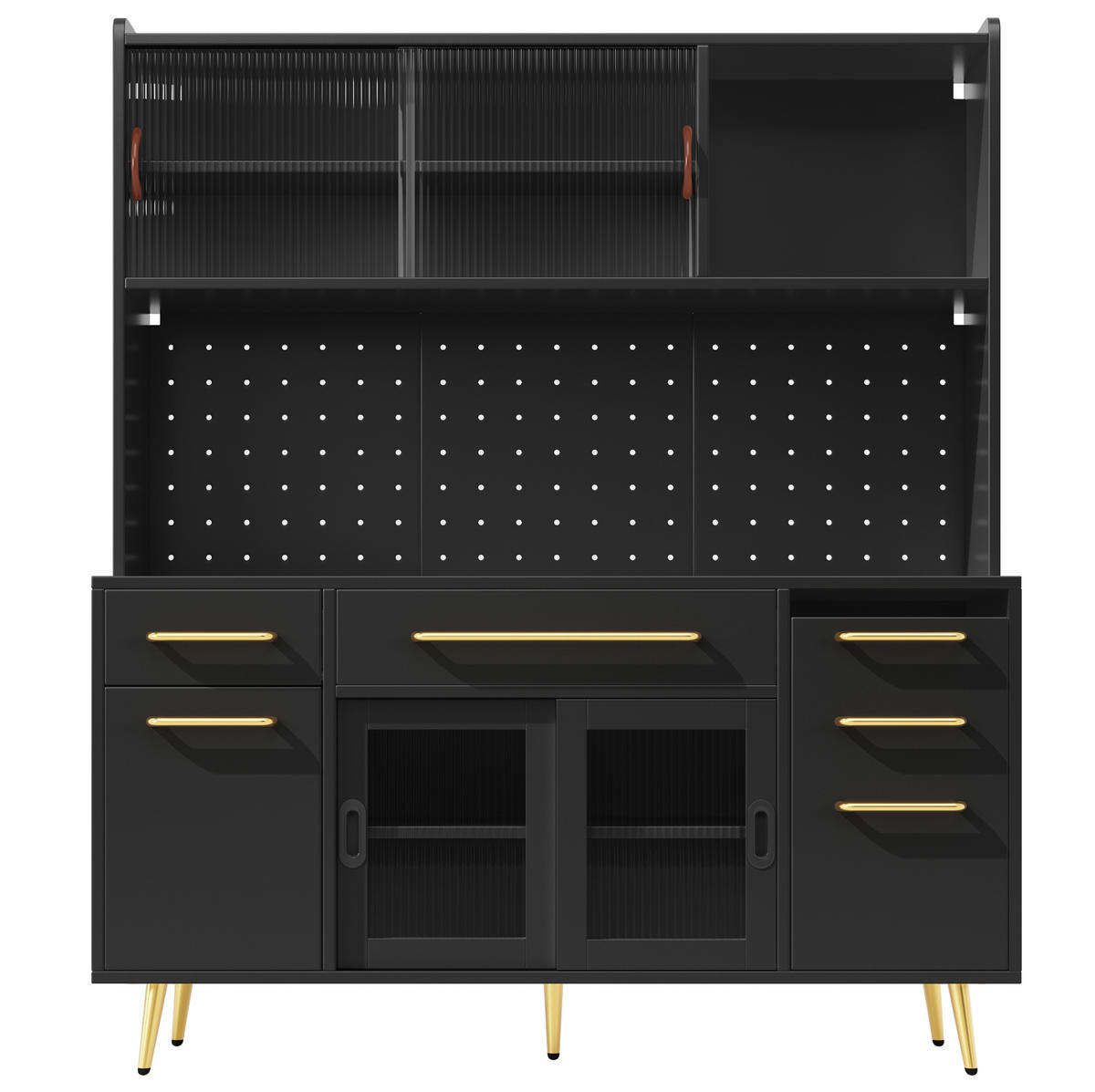 SIDEBOARD mit verstellbaren Einlegeböden, 3D-Vertikalrillen und Bogentüren aus Holzwerkstoff, Schwarz - Schwarz, Holzwerkstoff (150/83/38cm) - Redom
