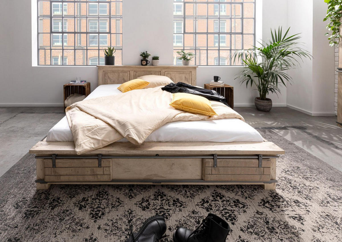 BETT Massivholz Mango 180 x 200 x 85 beige RAILWAY #342 - Beige, Holz (180/200cm) - Massivmoebel24