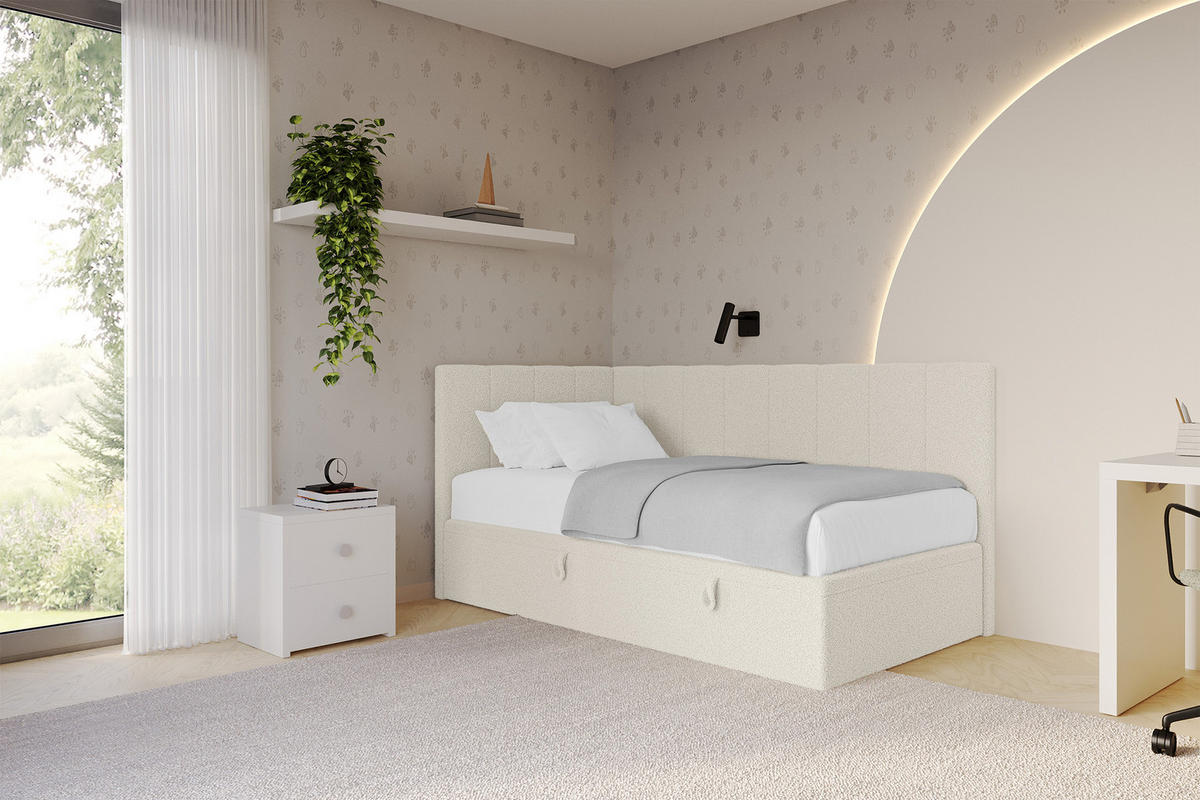 EINZELBETT Jugendbett mit Bettkasten Rechts, ohne Matratze - LOVY 90x200 Beige - Hellbraun, Holzwerkstoff/Textil (90/200cm) - ALTDECOR