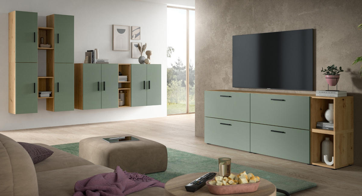 SIDEBOARD grün, Eiche Artisan 176 cm, Kommode hängend / stehend - Schwarz/Eiche Artisan, Holzwerkstoff/Kunststoff (176/65/34cm) - Inn.Furn