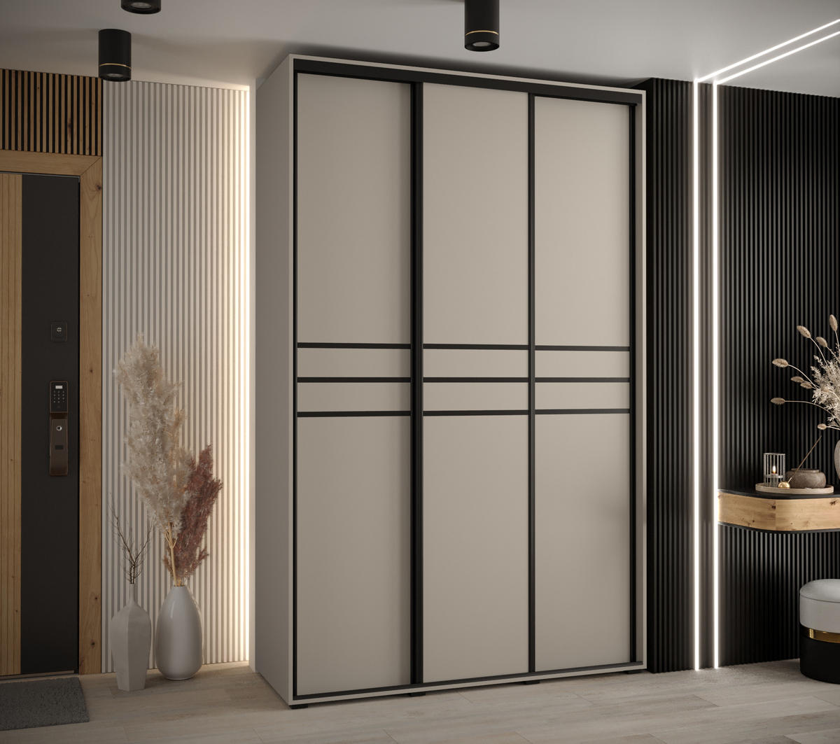 SCHWEBETÜRENSCHRANK 235,2/160/60 3-türig - Kaschmir/Schwarz, Holz/Metall (160/235.2/60cm) - MÖBEL KRYSPOL