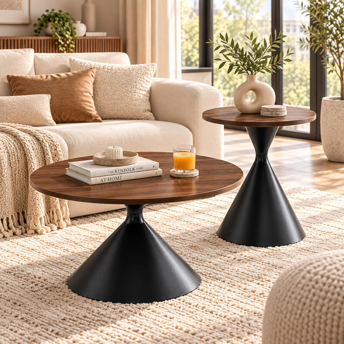 COUCHTISCH Set 2-teilig rund Walnussoptik/Schwarz Melamin Stahl 70/50 cm - Walnussfarben/Schwarz, Metall (70/44.6/40cm)