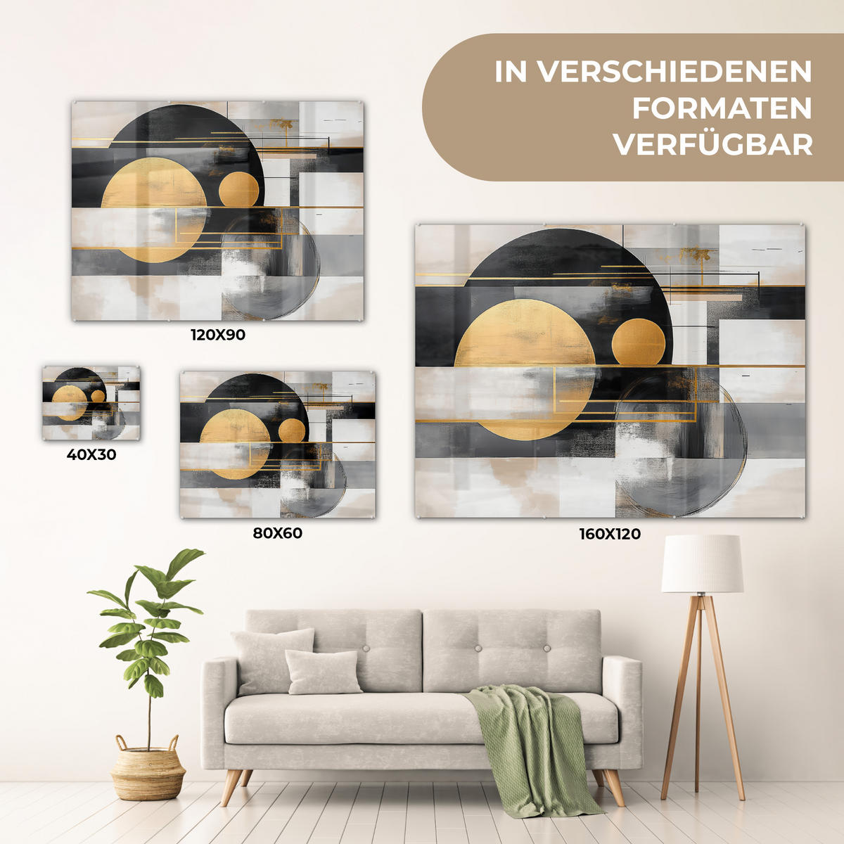 ACRYLGLASBILD Abstrakt - Gold - Silber - Formen - Ästhetisch - Modern 80x60 cm - Goldfarben, Glas (80/60cm) - MuchoWow