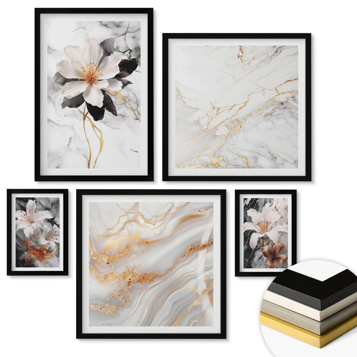 WANDBILDER 5er-Set - 50x50 cm & 20x30 cm & 40x60 cm Schwarzer Rahmen - Bilder mit blau-goldenen Mustern - Schwarz, Kunststoff (40/60cm) - ArtPrintCave