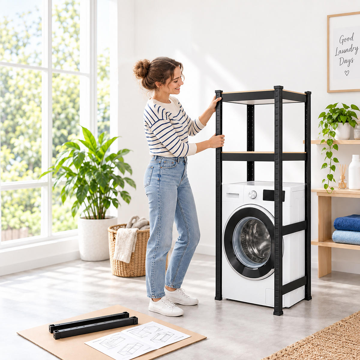 ETAJERĂ Neagră deasupra mașinii de spălat pentru sarcini grele oțel 150x70x40 cm - negru, material plastic/compozit lemnos (70/150/40cm) - Relaxdays