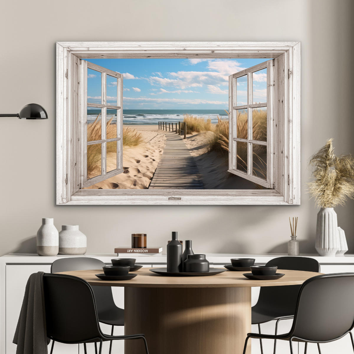 METALLBILD Fenster - Meer - Küste - Natur - Ausblick - Strand - Wattenmeer 90x60 cm - Beige, Metall (90/60cm) - MuchoWow