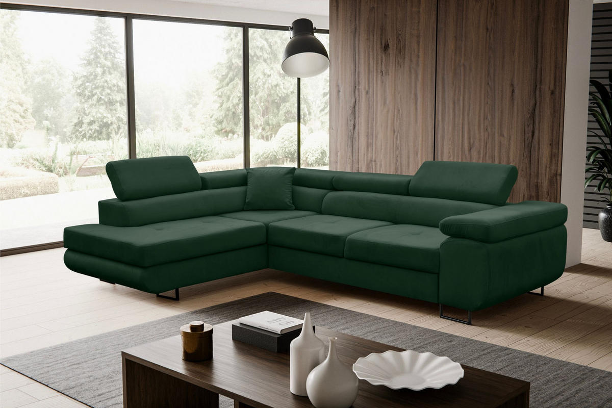 ECKSOFA Jerry in L-Form mit Schlaffunktion und Bettkasten, Farbe: Grün, Veloursstoff, Ottomane Links - Grün, Textil (202/275cm) - VENASI MÖBEL