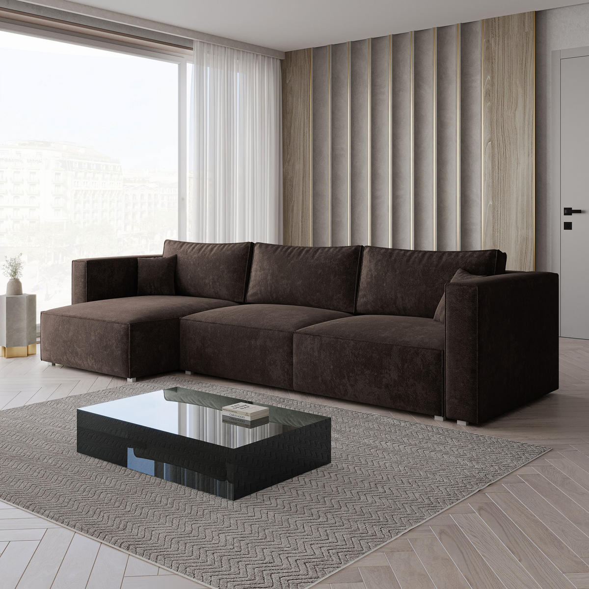 ECKSOFA TOLMO LM Braun Chenille mit Schlaffunktion - Braun, Holzwerkstoff/Textil (347/148cm) - MASSENO
