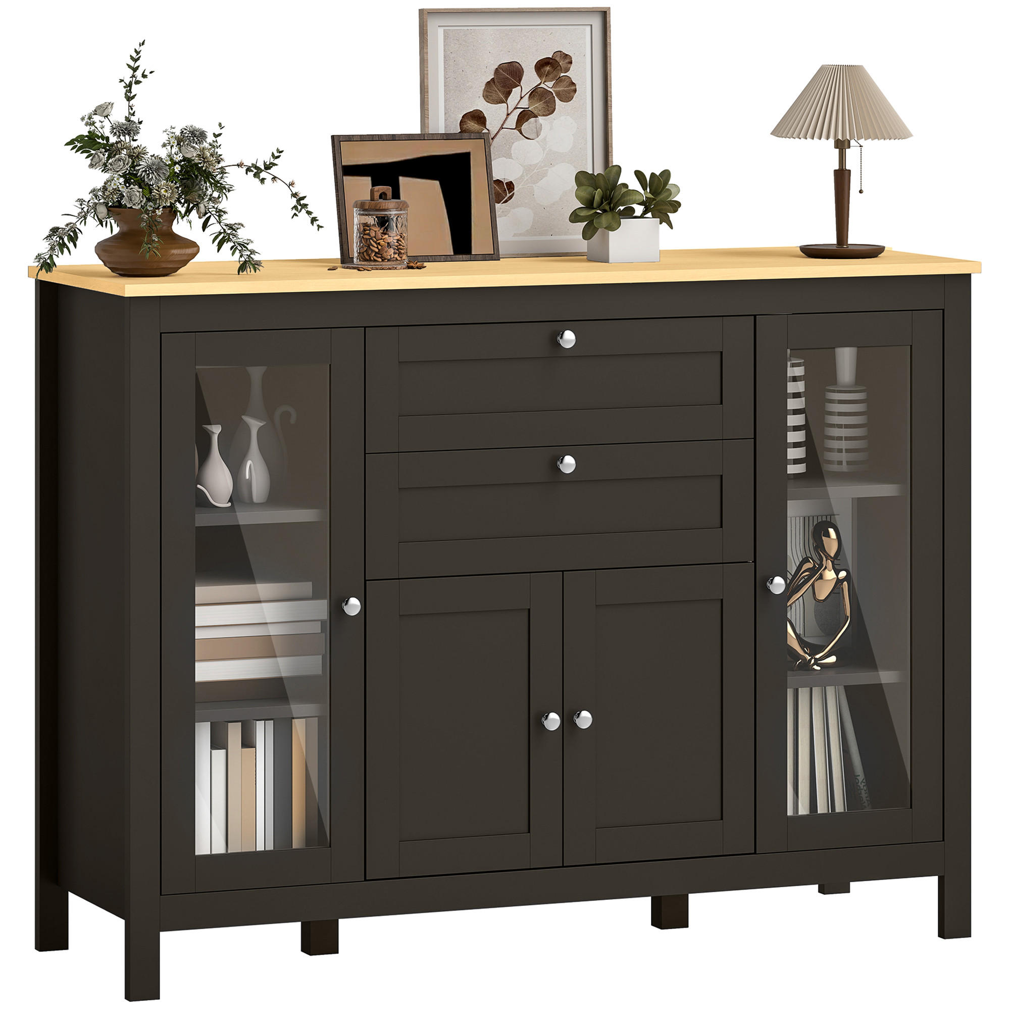 SIDEBOARD DE-11209 3 Schränke (2 mit Glas) Schwarz - Schwarz, Holzwerkstoff (120/90/40cm) - ComfortXL