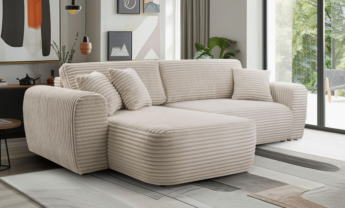 ECKSOFA VIVA Beige Kordstoff mit Schlaffunktion - Beige, Holz (297/169cm) - MASSENO