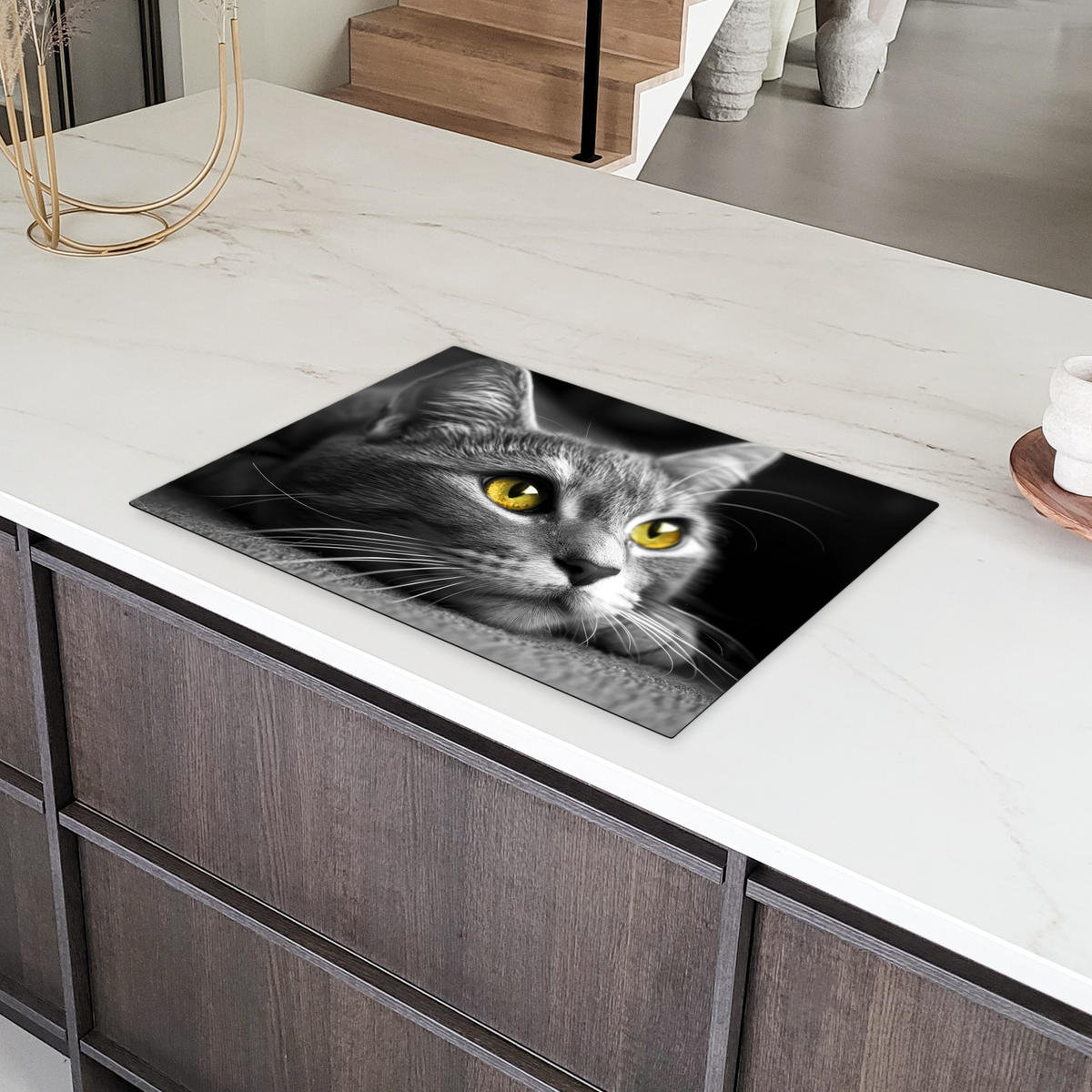 HERDABDECKPLATTE Katze - Grau - Tiere - Katze 75x52 cm - Grau, Kunststoff (75/52/0.2cm) - MuchoWow