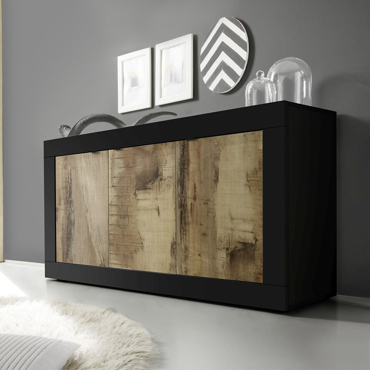 SIDEBOARD 3 Türen Initial - L160 cm - Hellbraun/Schwarz, Holzwerkstoff (42/85.8/160cm) - Calicosy