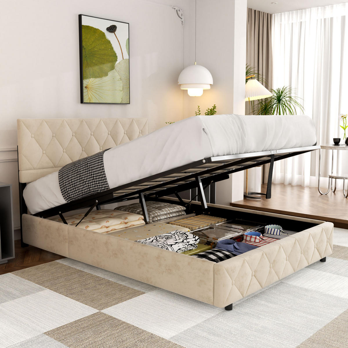 POLSTERBETT 140x200cm Beige mit Knopfnahtverzierung-Kopfteil, mit Bettkasten und Lattenrost - Beige, Holzwerkstoff/Textil (140/200cm) - EVRYAE
