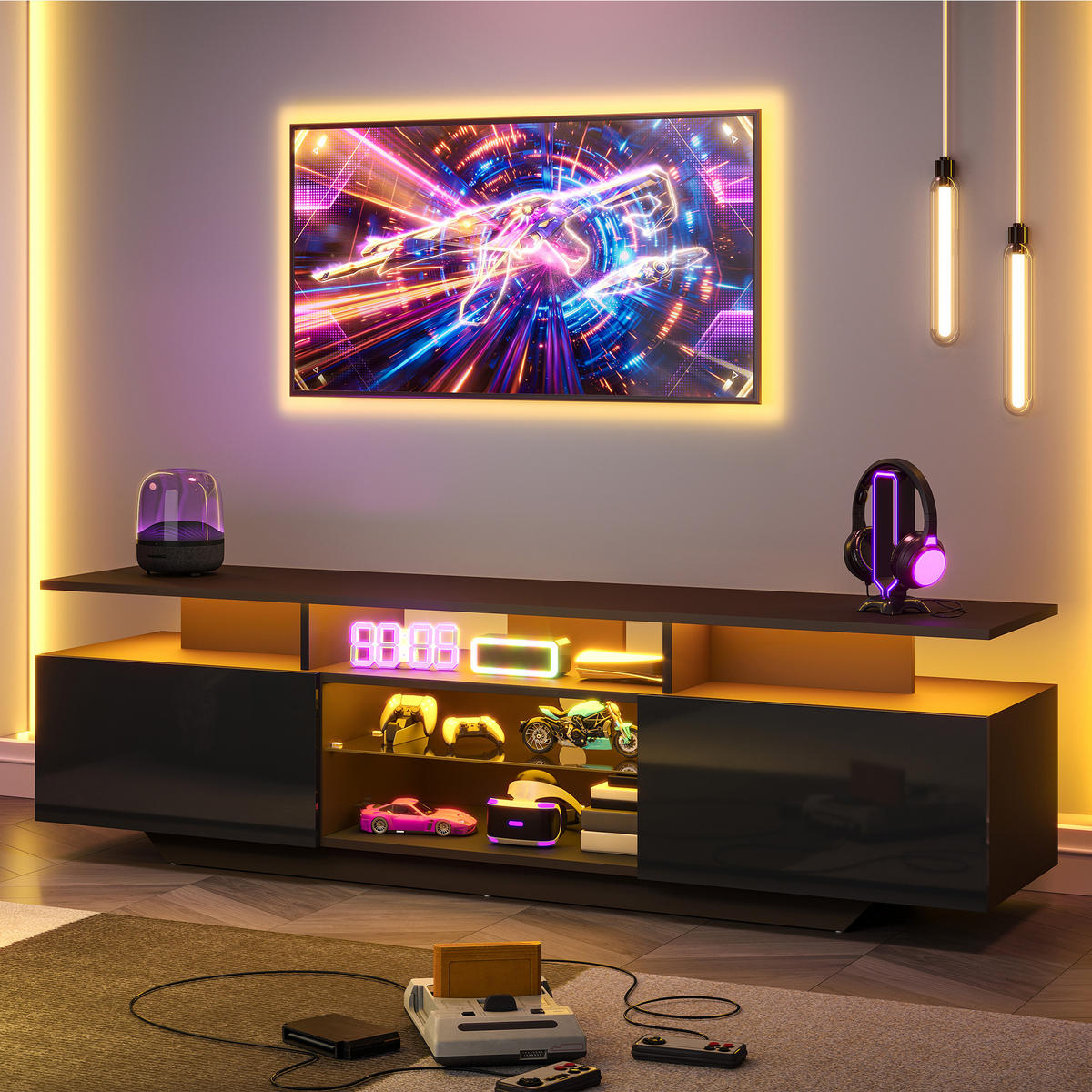 TV-SCHRANK schwarz aus MDF mit gehärtetem Glas und App-gesteuerter USB-LED 160 × 40 × 45 cm - Schwarz, Holzwerkstoff (160/45/40cm) - Luhomfu