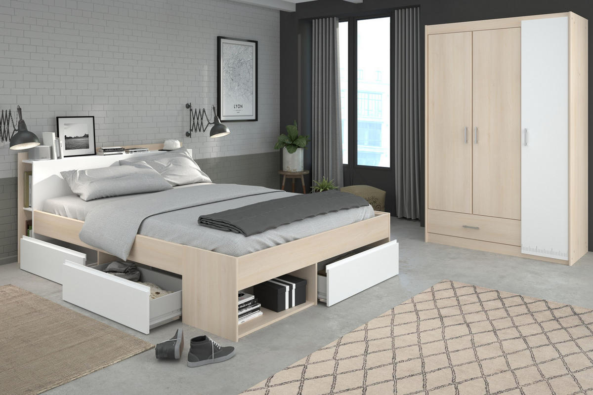 JUGENDZIMMER Set mit Stauraumbett 160 x 200 und Kleiderschrank - Silberfarben/Weiß, Holz/Holzwerkstoff (160/179/200cm) - Parisot Meuble