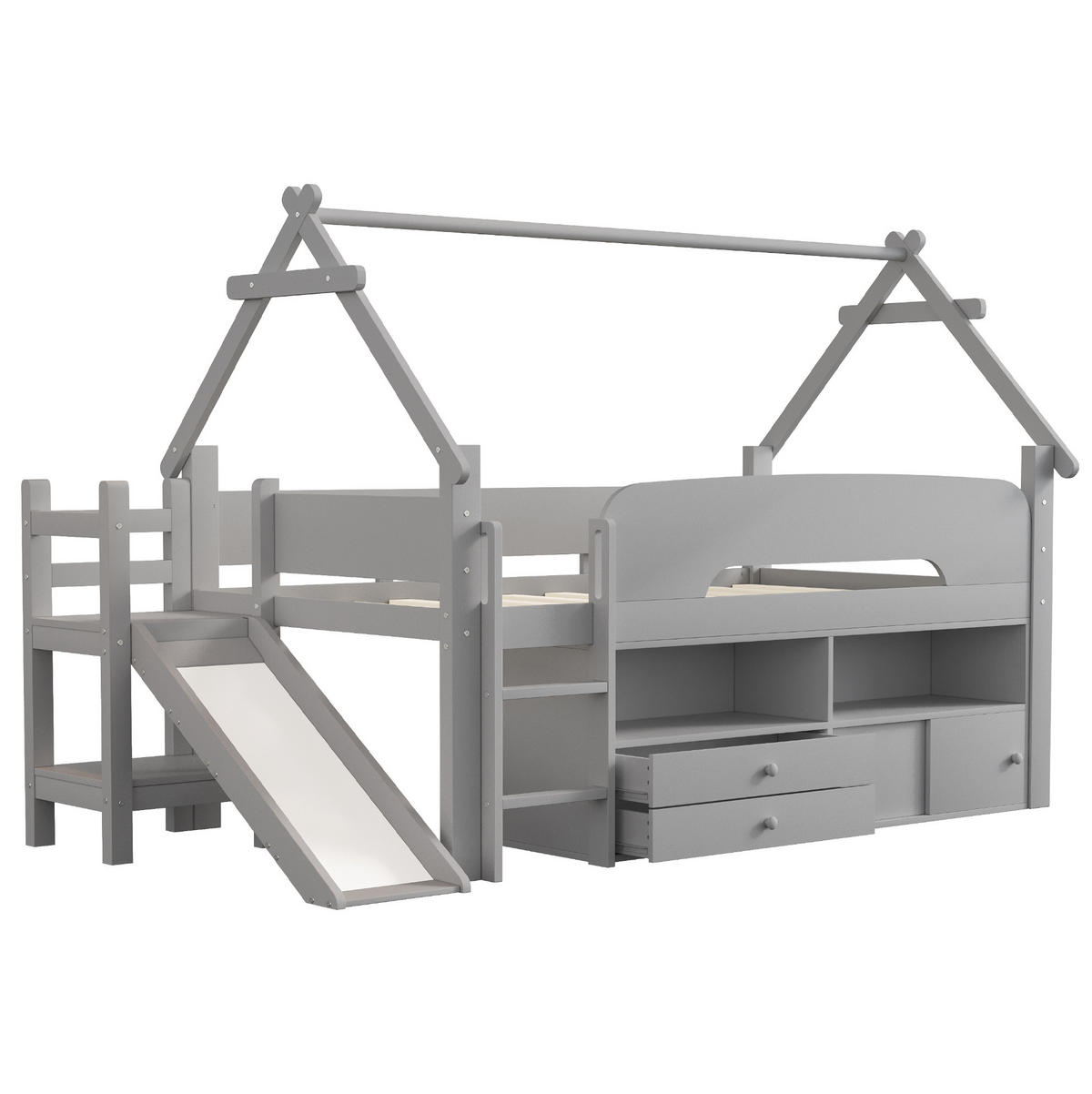 HOCHBETT 90/200 cm mit Rutsche, Dachrahmen, Stauraum und Sicherheitsgeländer, Grau - Grau, Holzwerkstoff (90/200cm) - Redom