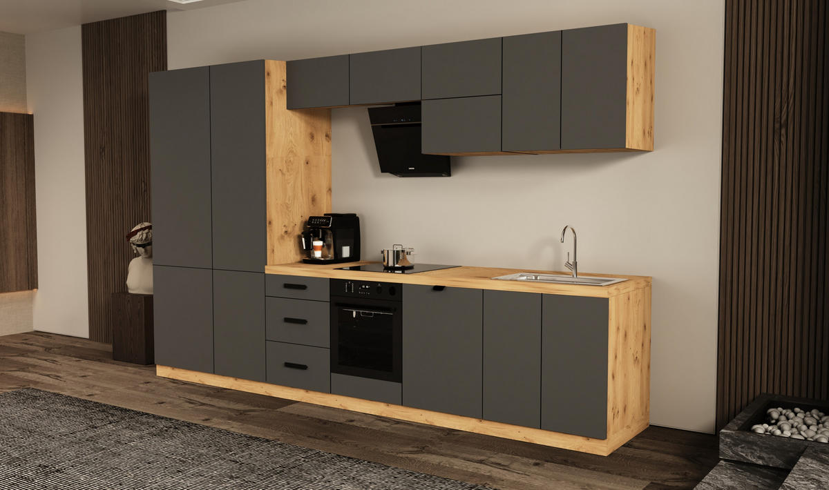 KÜCHENZEILE 360 cm - Langen KL19-M360 - in Grau / Matt - Schwarz/Grau, Holz/Metall (360/212/58cm)