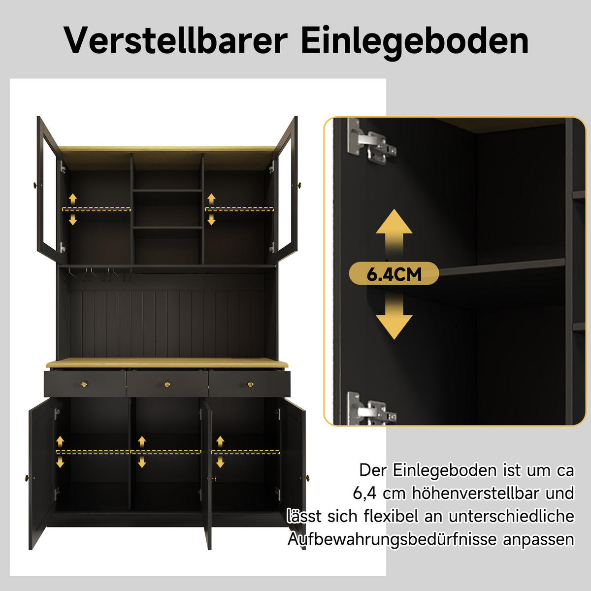 BUFFETSCHRANK Hochschrank 120x40x191cm Schwarz Gold Griffe USB - Schwarz, Holzwerkstoff (40/191/120cm) - FLIEKS