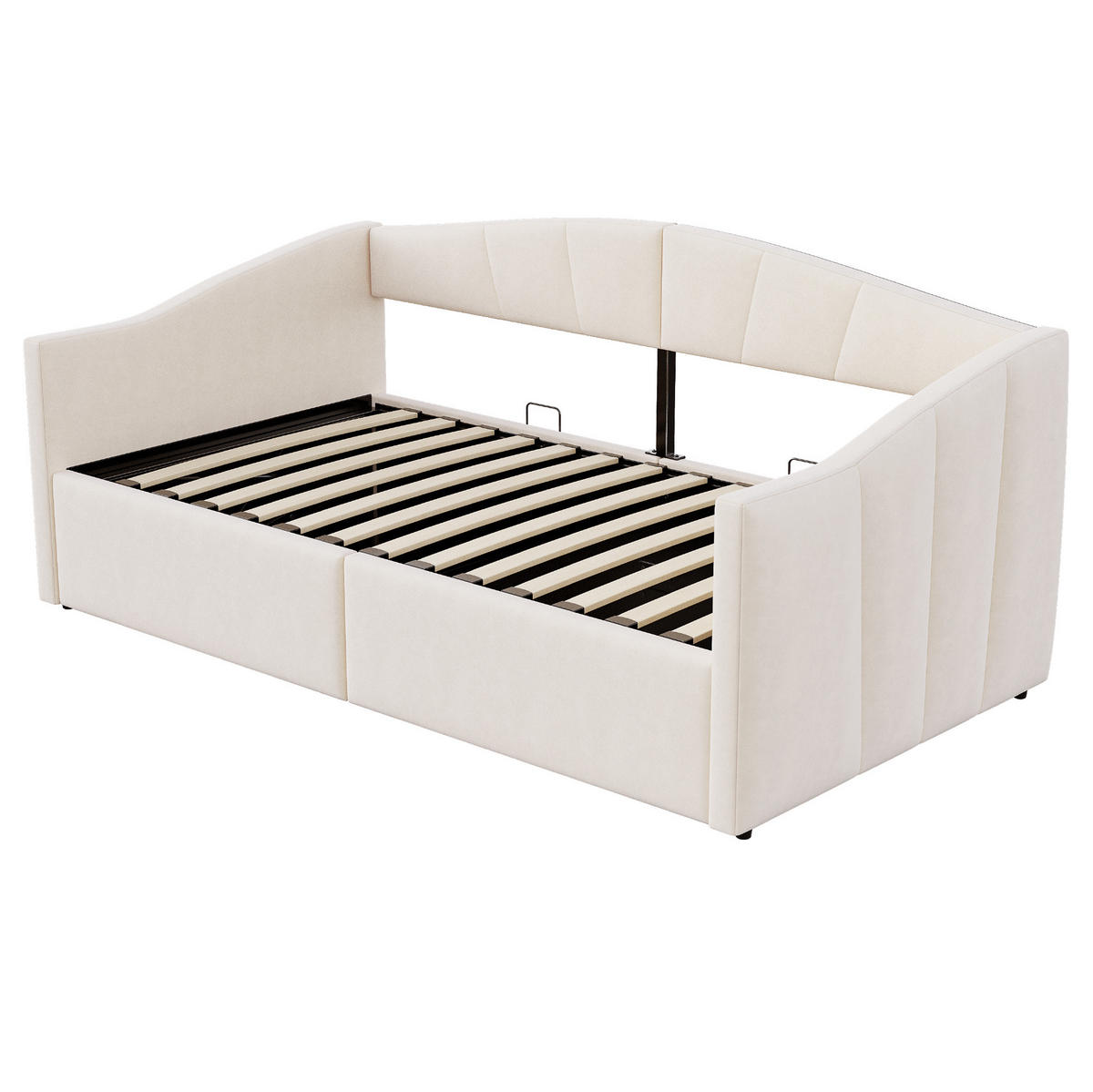 POLSTERBETT 90/200 cm mit hydraulischem Bettkasten, Lattenrost und Armlehnen aus Samt, Beige - Beige, Textil (90/200cm) - Redom