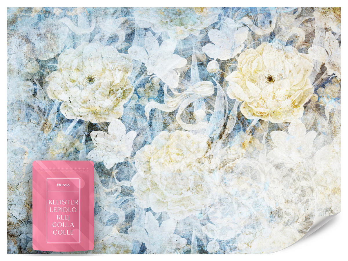 FOTOTAPETE Blumen Abstraktion Vintage Stil 450x315 - Blau/Gelb, Papier (450/315cm) - Muralo