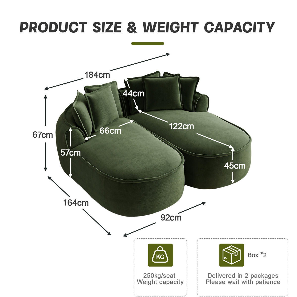 2-SITZER Sofa 184x164x67 cm aus Chenille-Stoff rahmenlos modular, grün - Grün, Textil (164/67/184cm) - Luhomfu