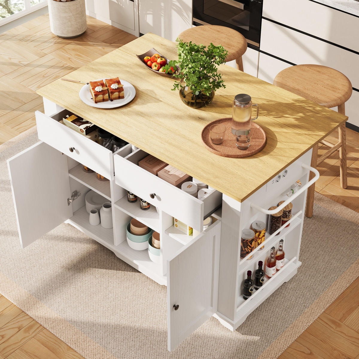 KÜCHENINSEL aus MDF und Metall 151,5x59,7x91,7 cm Weiß/Natur mit Steckdosenleiste, klappbarer Tischplatte und Rollen - Weiß, Holzwerkstoff (151.5/91.7/59.7cm) - Modfu
