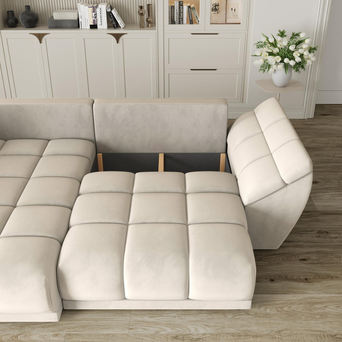 ECKSOFA ORENTI L-S Creme Velours-Stoff mit Schlaffunktion - Creme, Holz (287/182cm) - MASSENO