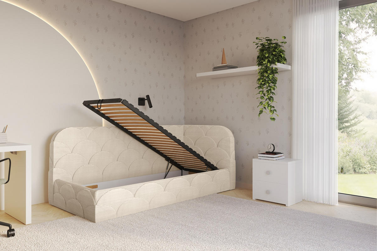 EINZELLBETT Jugendbett mit Bettkasten und Matratze H3/H4, Links - ELRY 90x200 Beige - Creme, Holzwerkstoff/Textil (90/200cm) - ALTDECOR