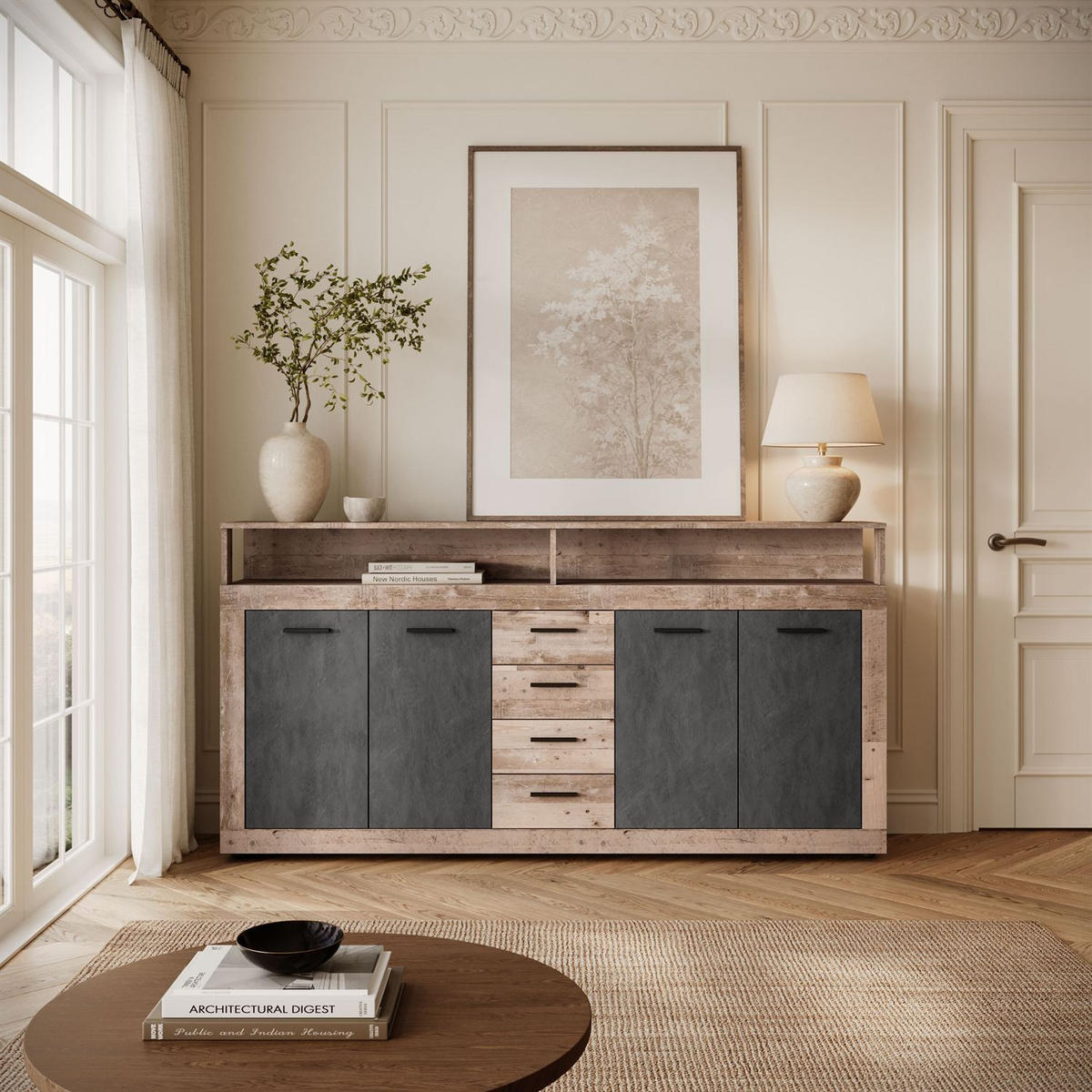 KOMMODE ROMANO mit Schubladen - Taupe/Naturfarben, Holzwerkstoff (190/96/32cm) - Lookway