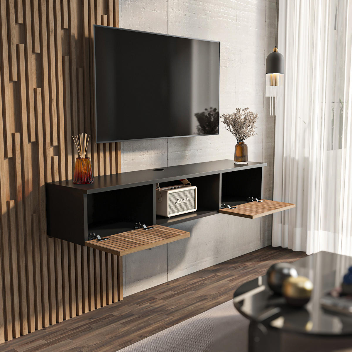 TV Unit Elia Schwarz Ohne Regal - Schwarz, Holzwerkstoff (32/25.6/140cm) - Decorotika