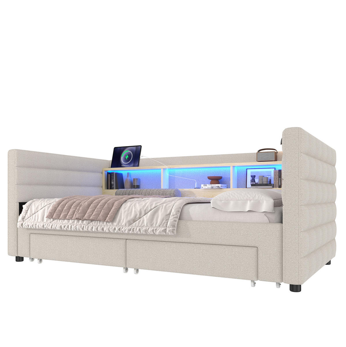 ČALOUNĚNÁ postel 90/190 cm se sametovým čalouněním, LED osvětlením, výsuvným lůžkem, USB a USB-C porty a úložným prostorem, Béžová - béžová, textil (90/190cm) - Redom