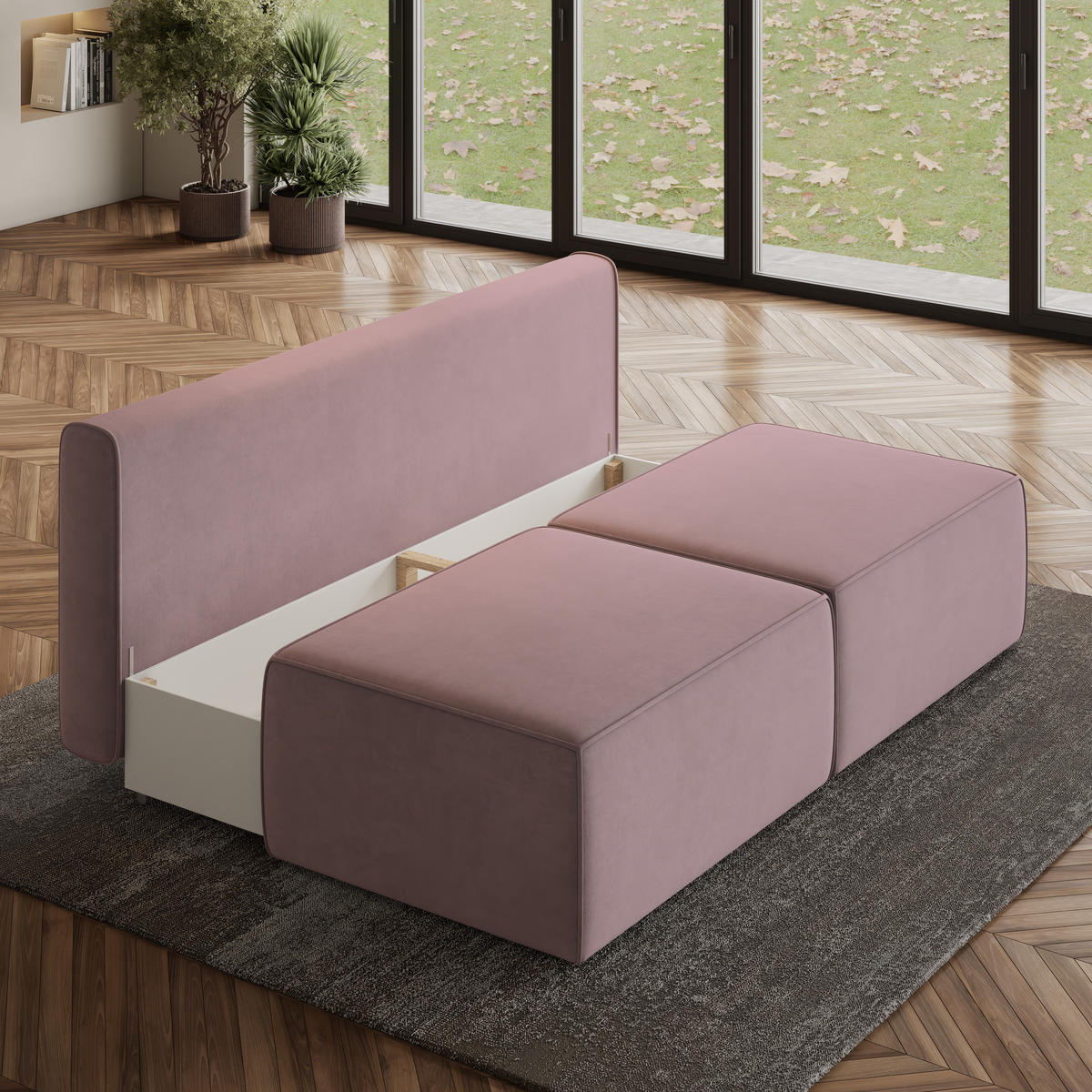 ECKSOFA VARNA M Lila Velours-Stoff mit Schlaffunktion - Lila, Holz (196/158cm) - MASSENO