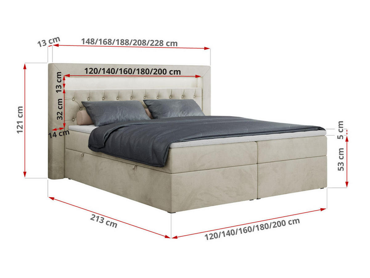 BOXBETT GOLD-6 LED 160/200 Beige Velvet - H4 - Beige, Holz/Textil (160/200cm) - MKS