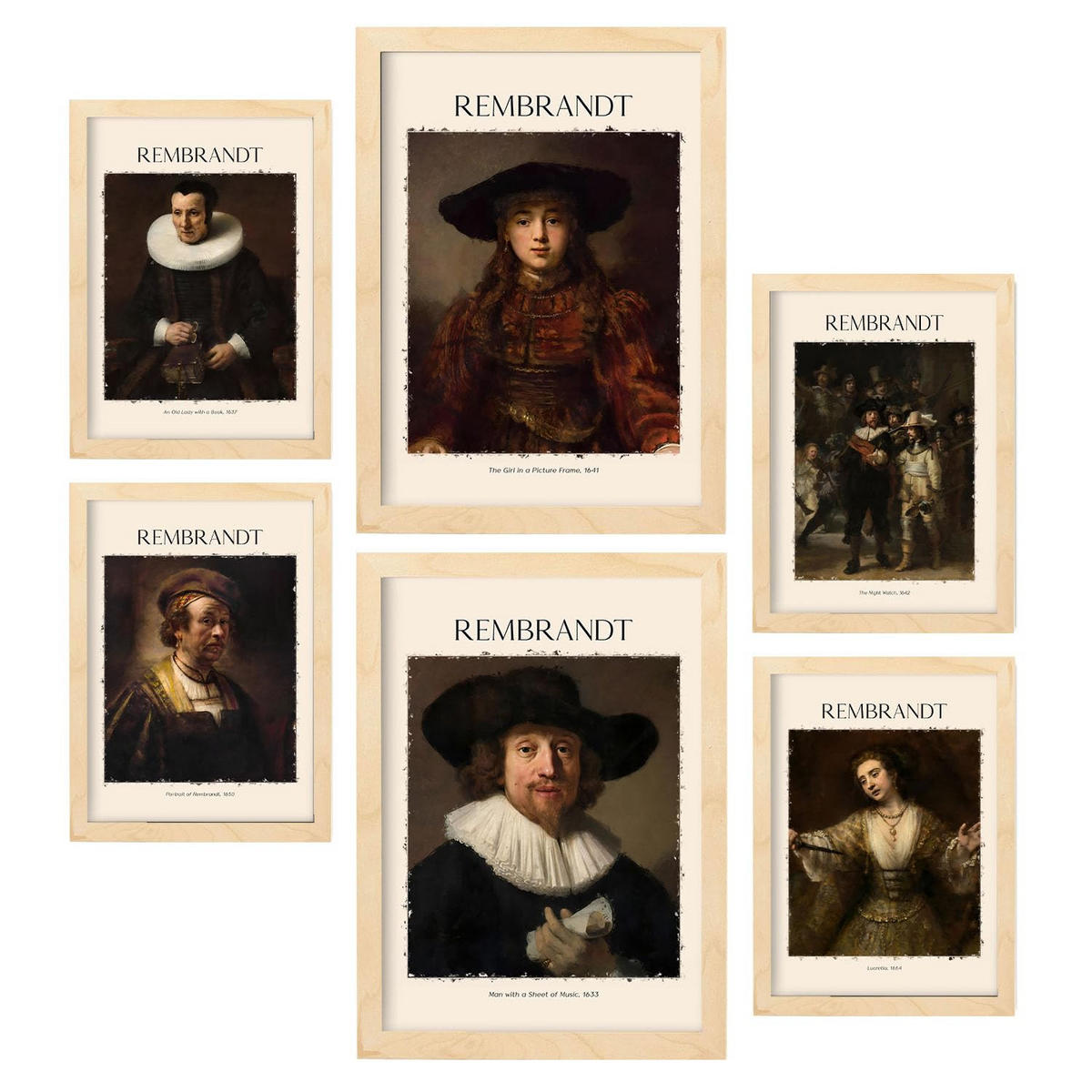 POSTER Set Mit 6 Rembrandt Malergalerie A3 & A4 Rahmen Aus Hellem Holz - Beige, Papier (29/3cm) - Nacnic