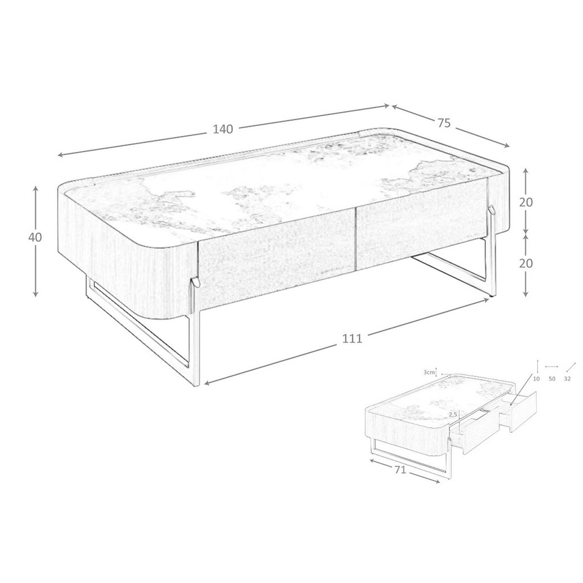 COUCHTISCH Rechteckiger Couchtisch aus Porzellanmarmor, Nussbaum und dunklem Metallic-Stahl 140/75/40 cm - Walnussfarben/Weiß, Holz (75/140/40cm) - ANGEL CERDA