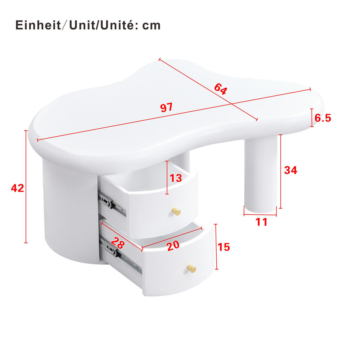 KONFERENČNÍ stolek 97/64/42 cm bílý z MDF se 2 zásuvkami a zaoblenými hranami - bílá, kompozitní dřevo (97/64/42cm) - OKWISH