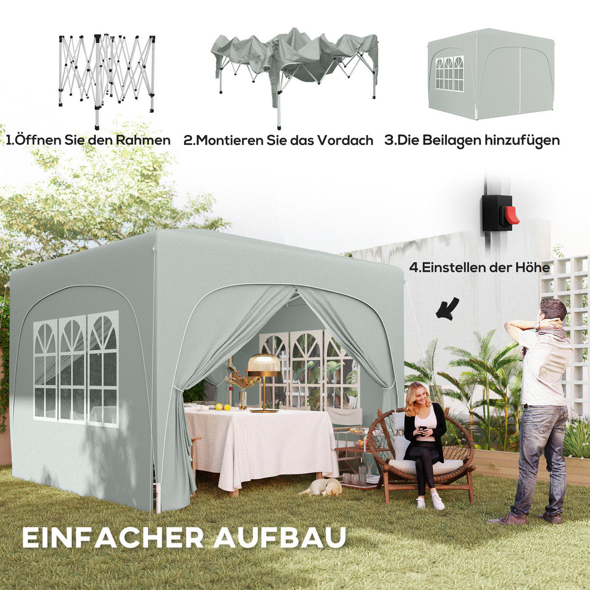 PAVILLON 3x3m, wasserabweisend Stabil Winterfest Pop-up Faltpavillon, UV Schutz - Hellgrau, Metall (300/273/300cm) - Outsunny