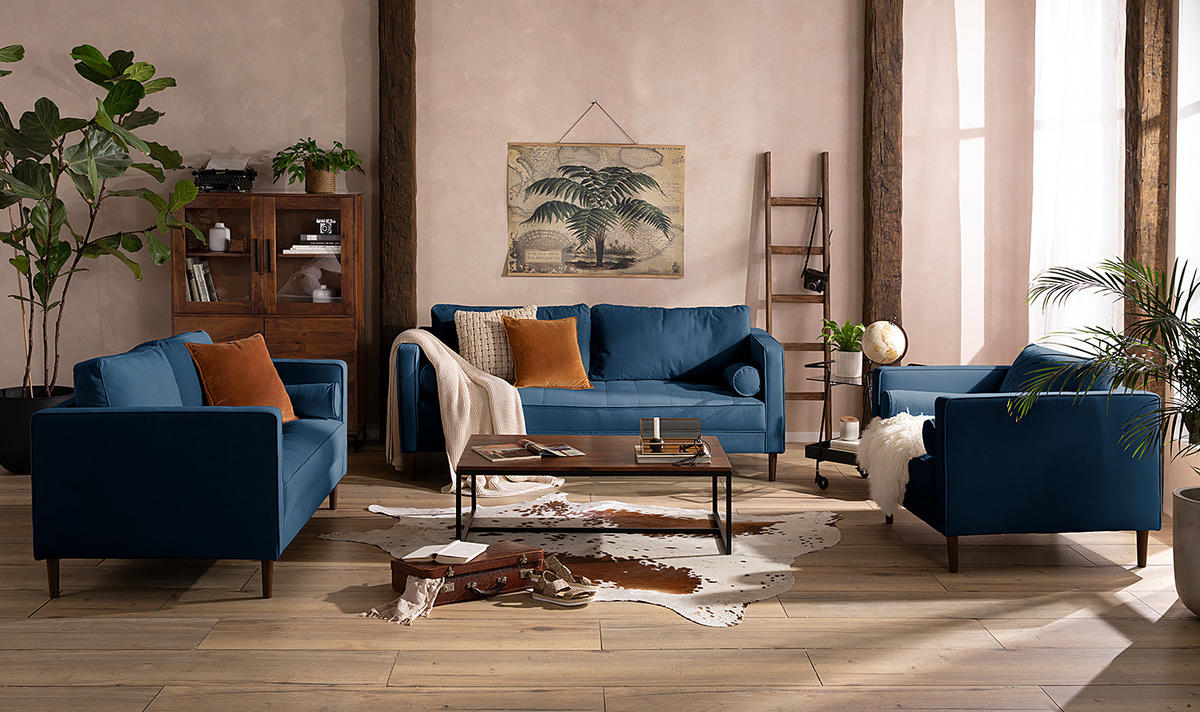 2-SITZER SOFA - Samt - Dunkelblau, Textil (150/80/86cm) - home24