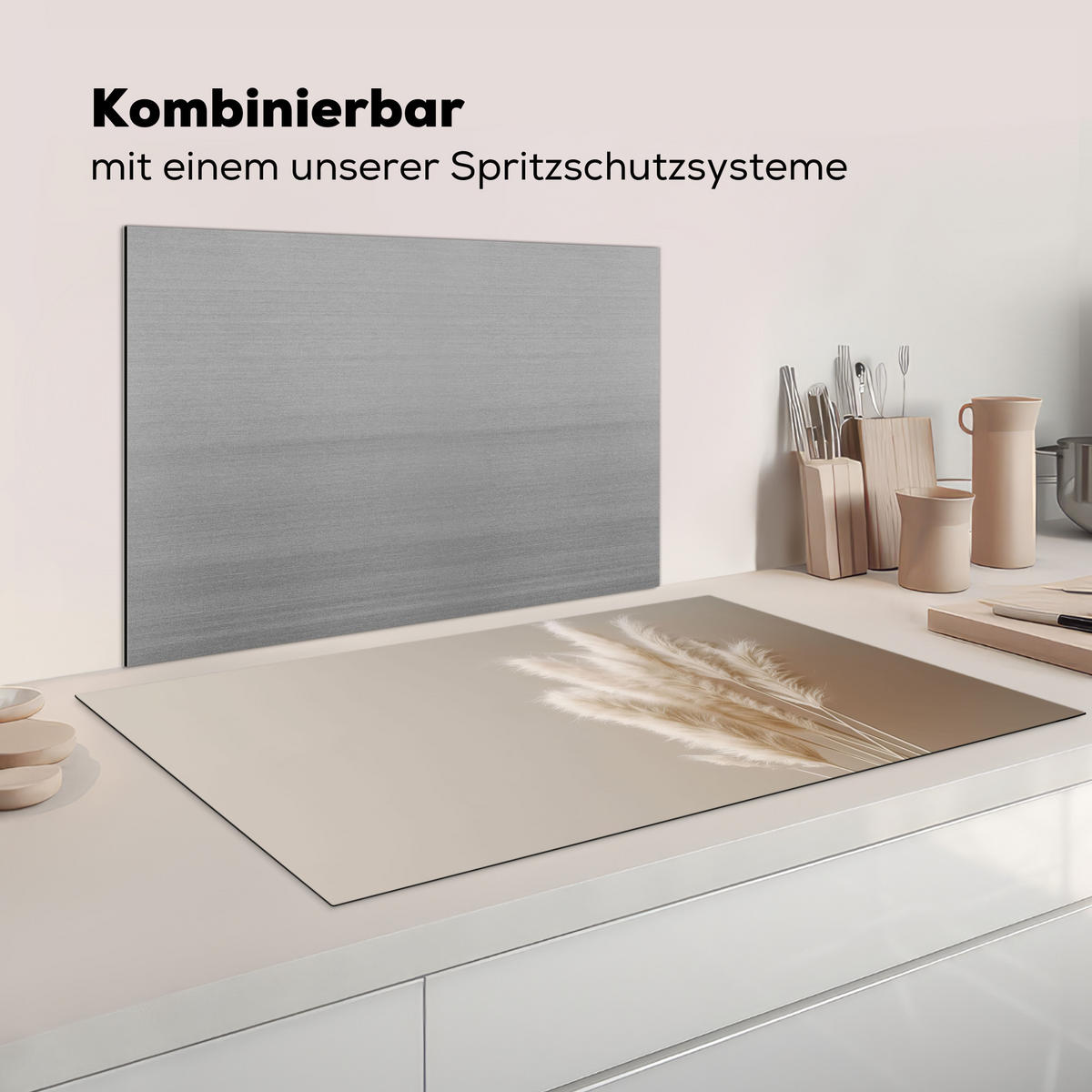 KRYT NA INDUKČNÍ DESKU Pampová tráva - Plumes - Pastelová - Bílá 91.6x52.7 cm - krémová, plast (91.6/52.7/0.2cm) - MuchoWow