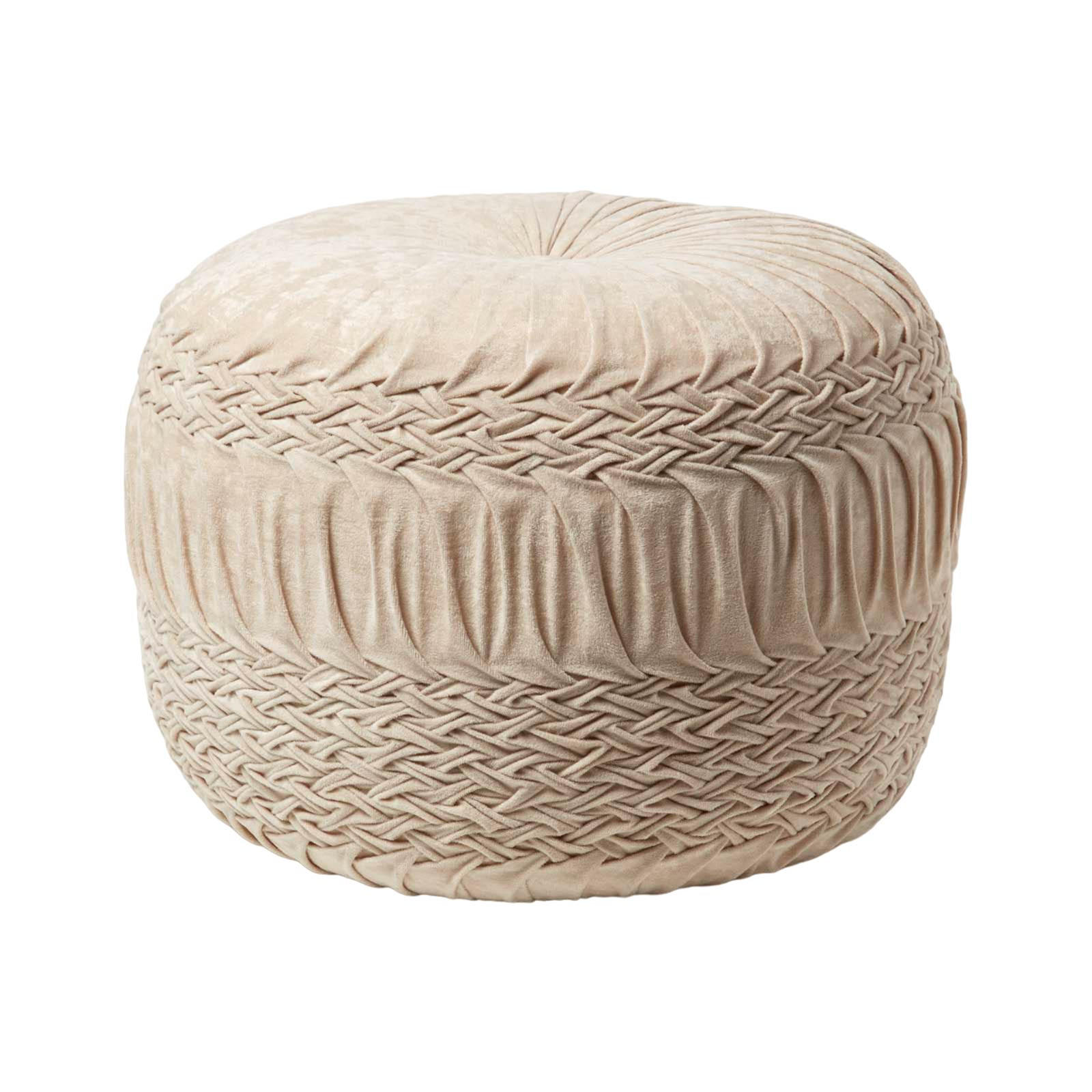SAMT-POUF Sofia creme, plissiert in Flechtoptik, 50/50/35 cm - Creme, Textil (50/35/50cm) - Homescapes