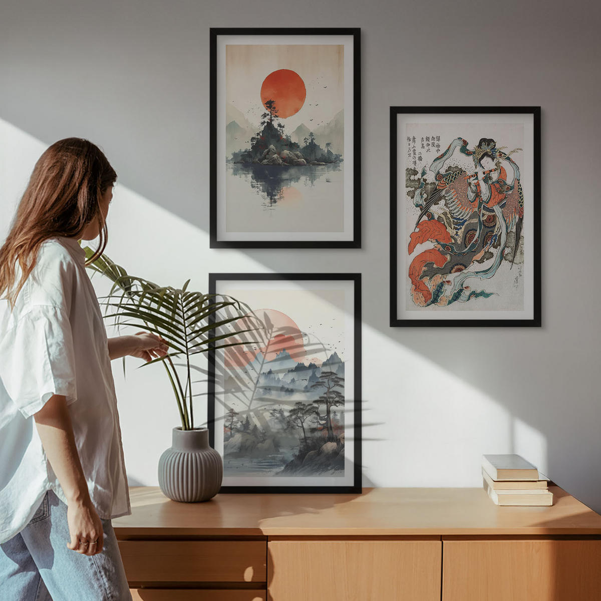 WANDBILDER 3er-Set - 40x60 cm Schwarzer Rahmen - Asiatische Japandi-Malereien - Schwarz, Kunststoff (40/60cm) - ArtPrintCave