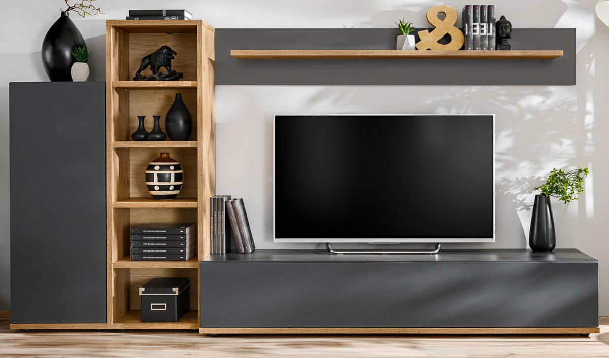 WOHNWAND grau, Wotan Eiche 240 cm, Schrankwand mit Push-to-Open - Eichefarben/Schwarz, Holzwerkstoff/Kunststoff (240/129/40cm) - Furn.Design