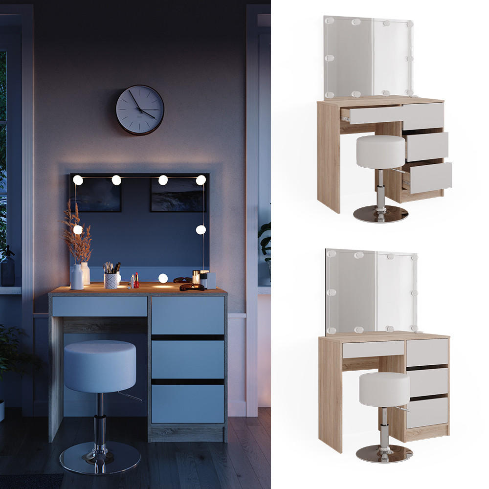 SCHMINKTISCH Sherry Sonoma 90 cm mit LED Beleuchtung und Hocker - Weiß/Sonoma Eiche, Holzwerkstoff (90/75/40cm) - Vicco