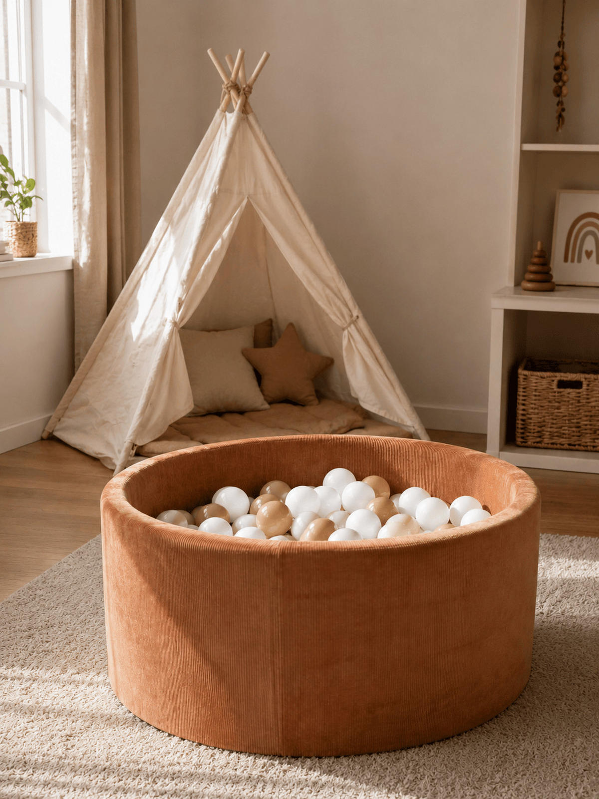 BÄLLEBAD für Babys Dunkelbeige Ø90 × 30 cm mit 200 weißen und beigen Bällen - Beige, Textil (90/30cm) - AngeLove