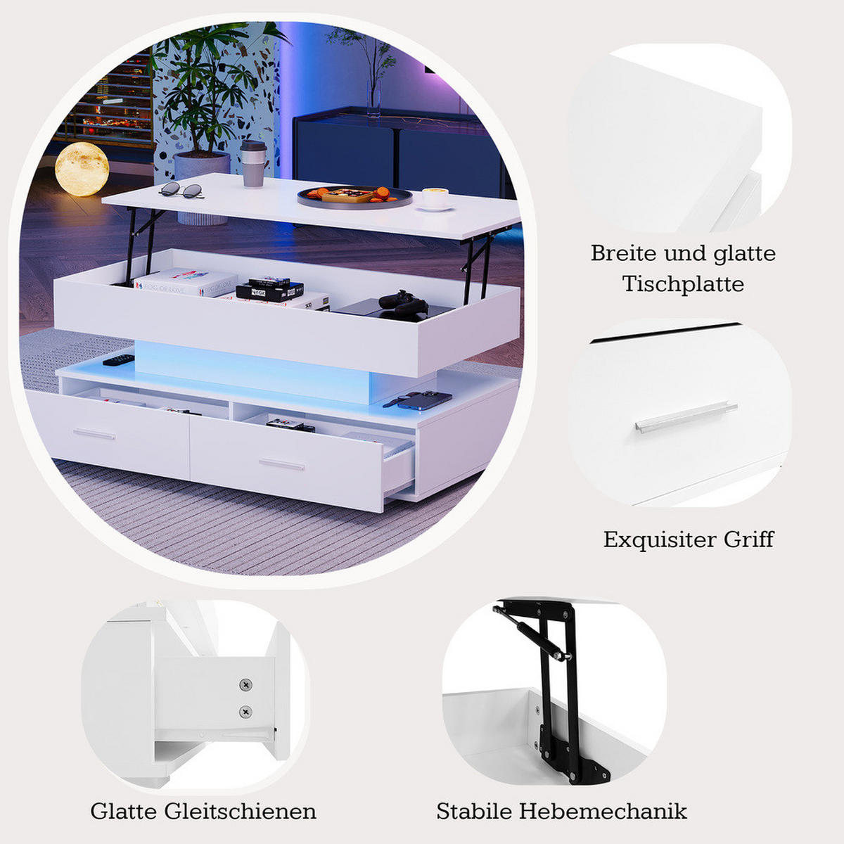 COUCHTISCH 100x50cm Hydraulisch Höhenverstellbar Weiß LED Bluetooth - Weiß, Holz (109/58/13.5cm) - FLIEKS