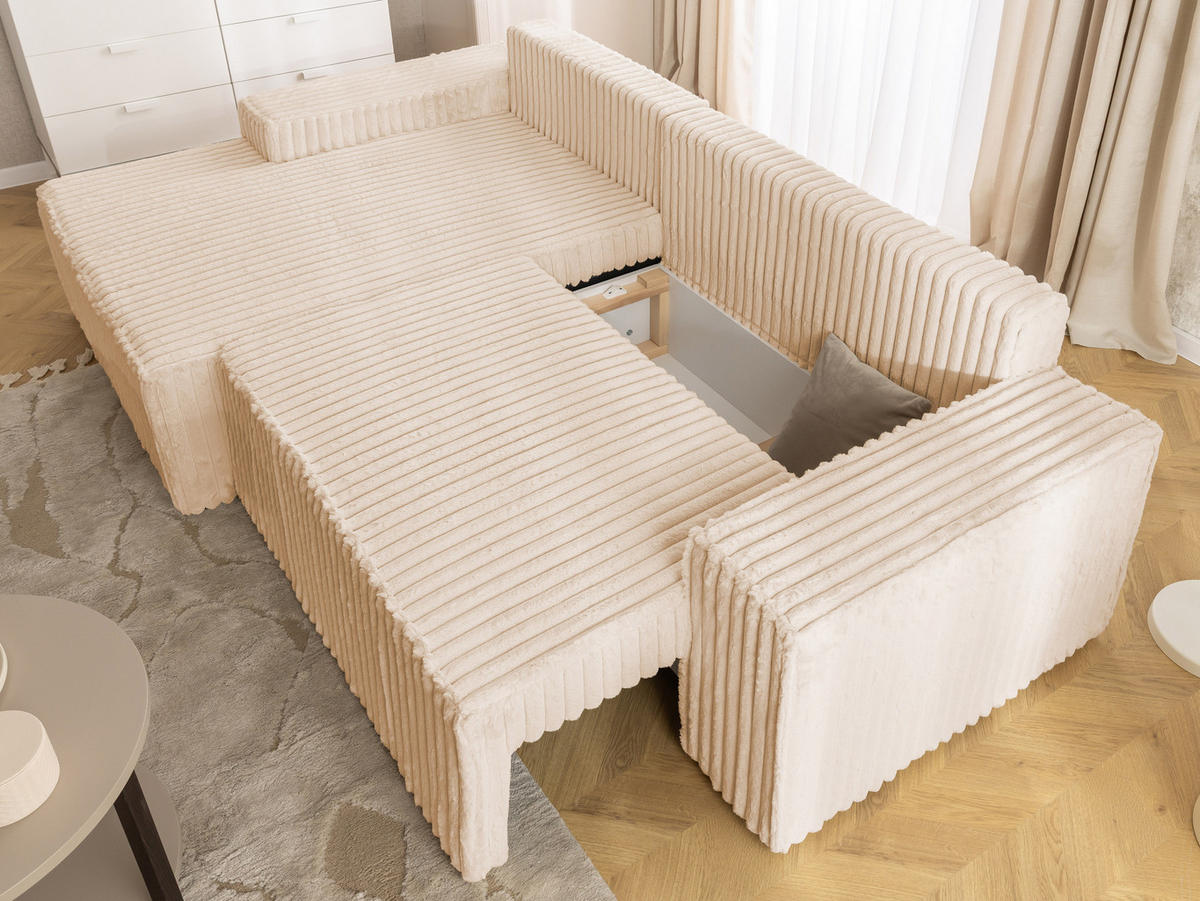 ECKSOFA Rivio mit Schlaffunktion und Bettkasten, Plüschcord Helbeige - Beige/Schwarz, Holz/Kunststoff (149/262cm) - S-Style