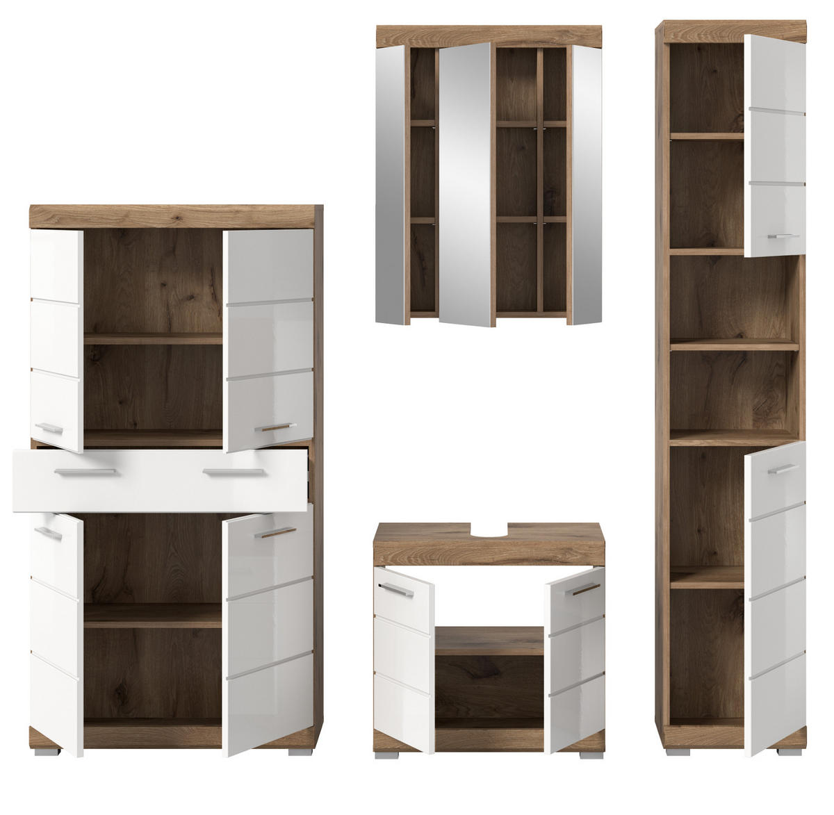 BADMÖBEL-SET weiß Hochglanz, Eiche 4-teilig 200 cm mit viel Stauraum - Weiß Hochglanz/Eichefarben, Glas/Holzwerkstoff (200/191/34cm) - Inn.Furn