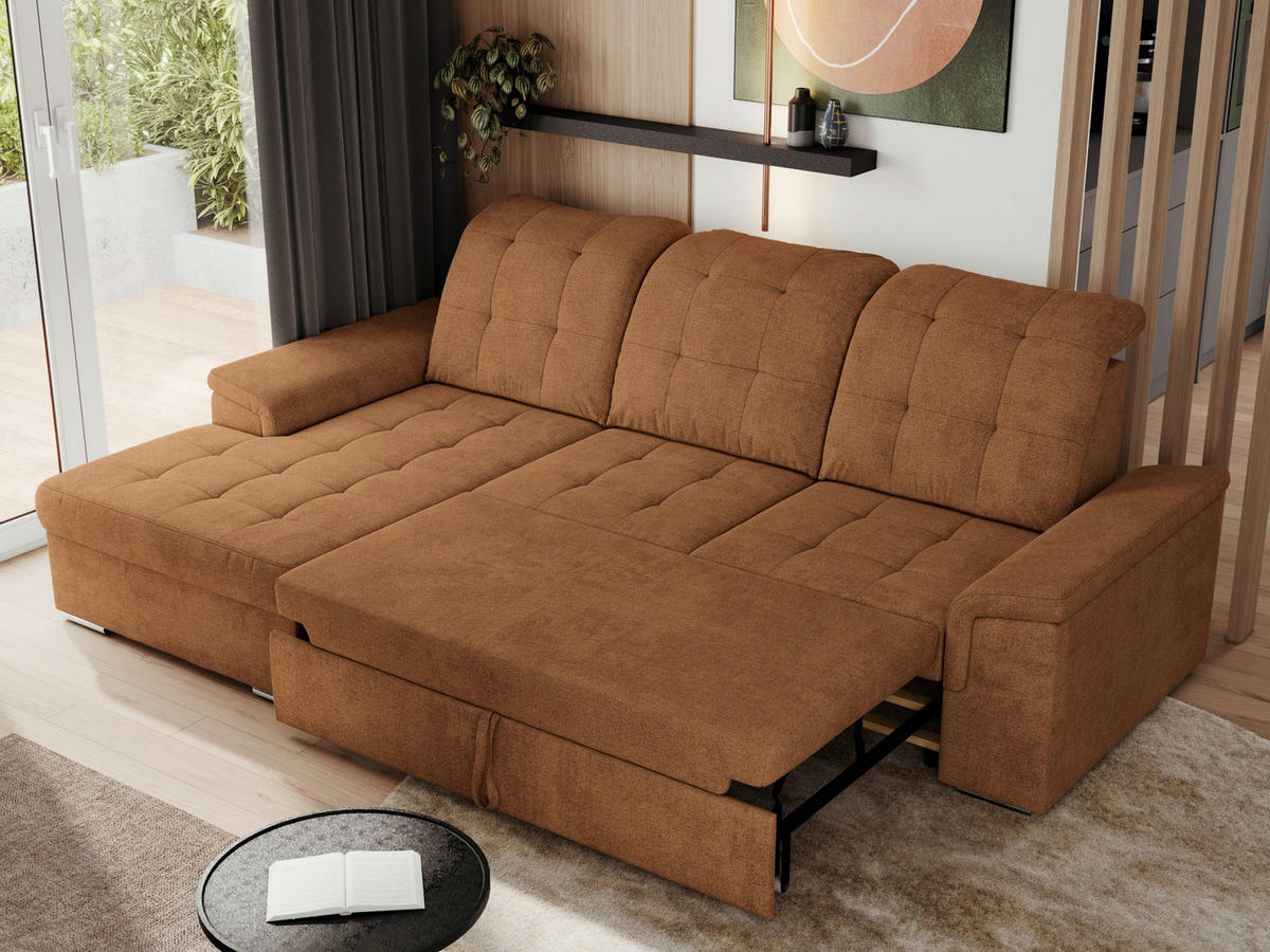 ECKSOFA MADRITO L - Orange Struktur - Links - Silberfarben/Orange, Textil/Metall (160/256cm)