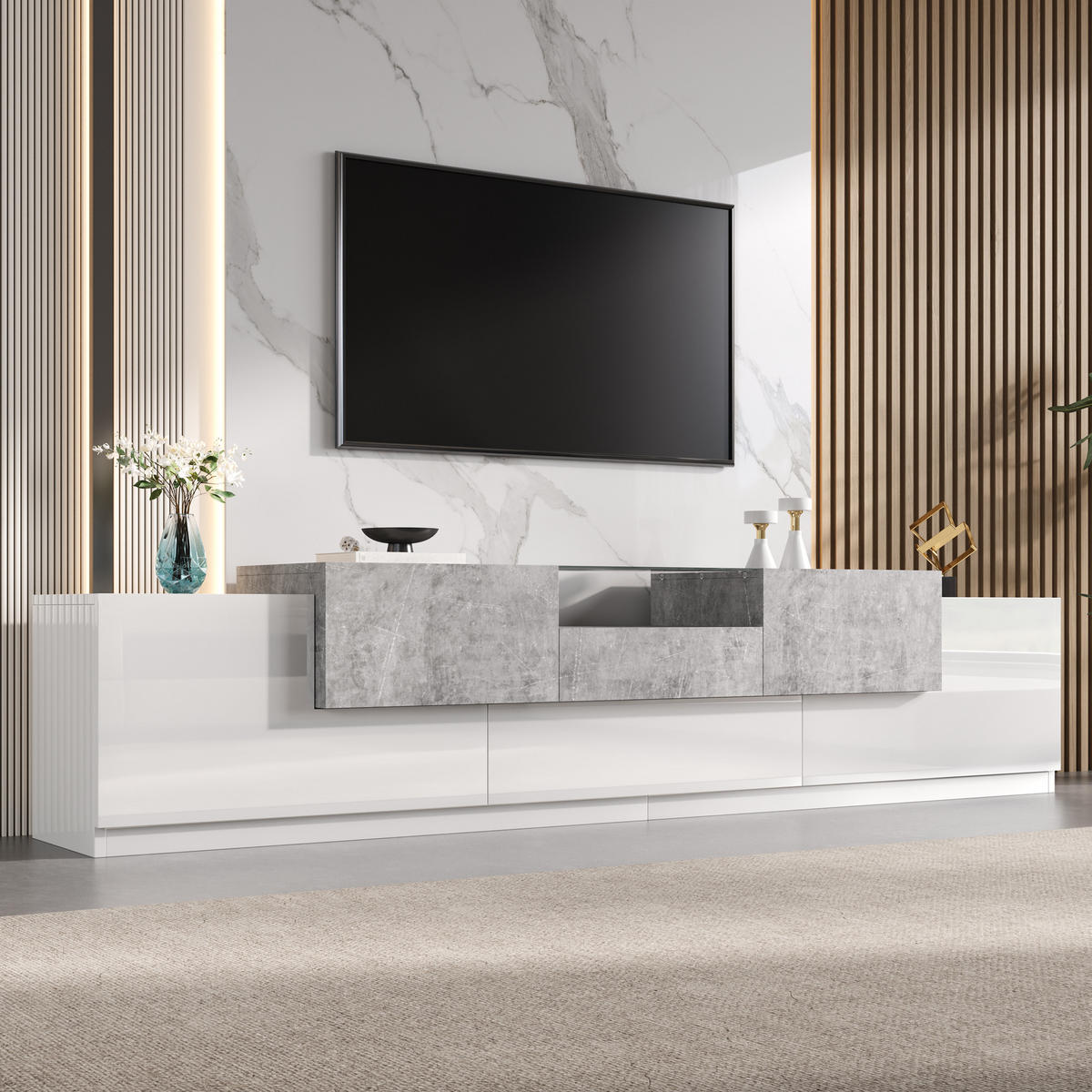 TV-SCHRANK 200/38.5/48.5 cm Weiß mit 7 Türen und 1 Schublade - Weiß, Holzwerkstoff (200/48.5/38.5cm) - Oxeza