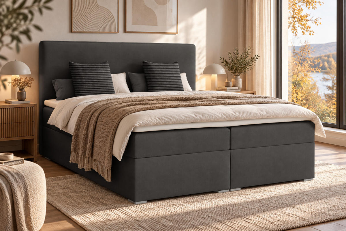 BOXBETT BASIC 200/200 Velours Anthrazit mit Bonell-Federkernmatratzen H3 - Anthrazit, Holz/Holzwerkstoff (200/200cm) - Deine Möbel 24